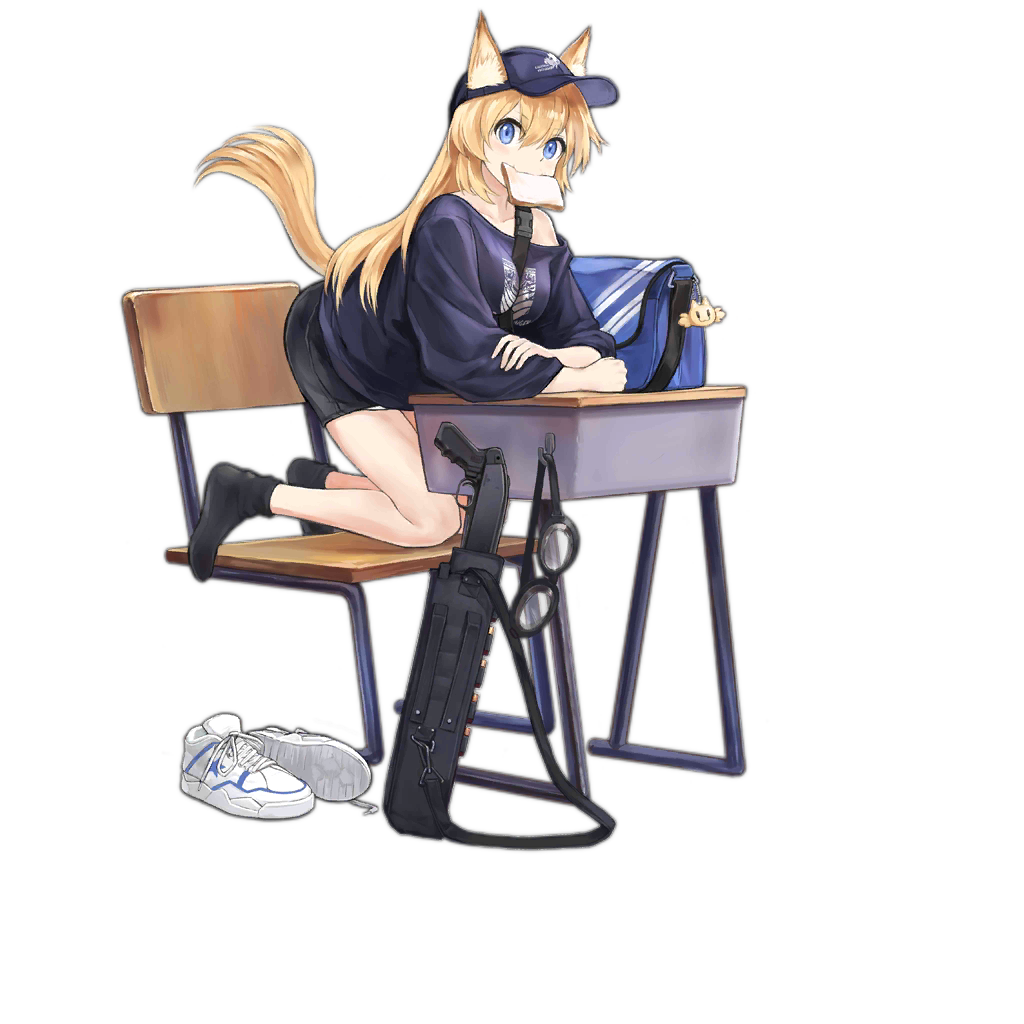 1girl alternate_costume animal_ear_fluff animal_ears bag bangs black_legwear black_shorts blonde_hair blue_eyes blue_headwear blue_shirt blush breasts cat_ears cat_tail chair desk ears_through_headwear eyebrows_visible_through_hair fang food food_in_mouth girls_frontline goggles goggles_removed gun hat holster idw_(girls_frontline) kisetsu kneeling large_breasts long_hair looking_at_viewer m500_(girls_frontline) mossberg_500 mouth_hold official_art school_bag shirt shoes shoes_removed shorts shotgun smile snap-fit_buckle sneakers socks solo tail toast toast_in_mouth transparent_background weapon white_footwear