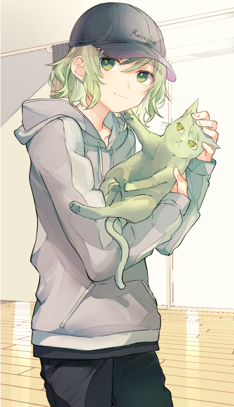 1girl :3 baseball_cap cat character_request copyright_request cowboy_shot green_eyes green_hair hat holding holding_cat indoors long_sleeves looking_at_viewer mikan-uji