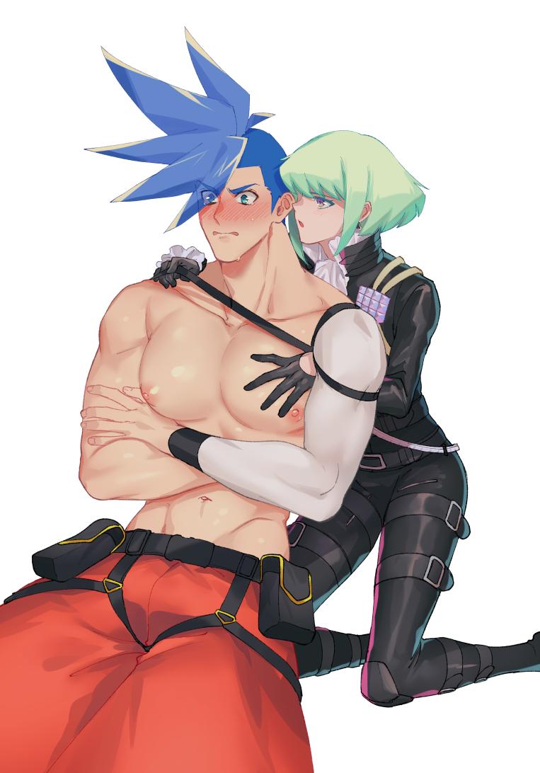 androgynous black_gloves black_jacket blue_hair blush cravat crossed_arms galo_thymos gloves green_hair jacket ke889 lio_fotia mad_burnish male_focus pectorals promare shirtless spiky_hair violet_eyes