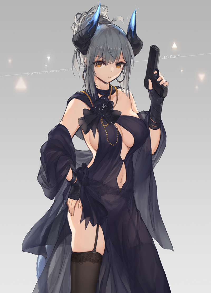 1girl arknights bandaged_hands bandages bare_shoulders closed_mouth dress earrings eyebrows_visible_through_hair glowing glowing_horns grey_hair gun handgun holding holding_gun holding_weapon hoop_earrings horns jakoujika jewelry liskarm_(arknights) medium_hair navel see-through solo thigh-highs tied_hair weapon yellow_eyes