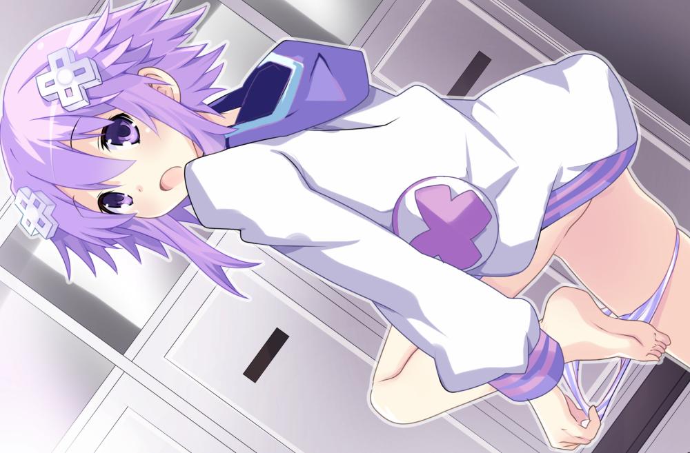 1girl bare_legs barefoot blush d-pad d-pad_hair_ornament from_side hair_ornament hood hood_down hooded_jacket iwasi-r jacket looking_at_viewer neptune_(neptune_series) neptune_(series) panties purple_hair short_hair short_hair_with_long_locks solo striped striped_panties underwear undressing violet_eyes