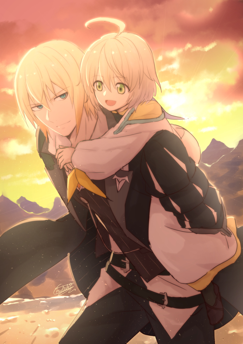 2boys :d ahoge blonde_hair carrying dress_shirt eizen_(tales) eyebrows_visible_through_hair fuzuki_yuu green_eyes hair_between_eyes laphicet_(tales) male_focus multiple_boys open_mouth outdoors piggyback shirt short_hair signature smile tales_of_(series) tales_of_berseria walking white_shirt