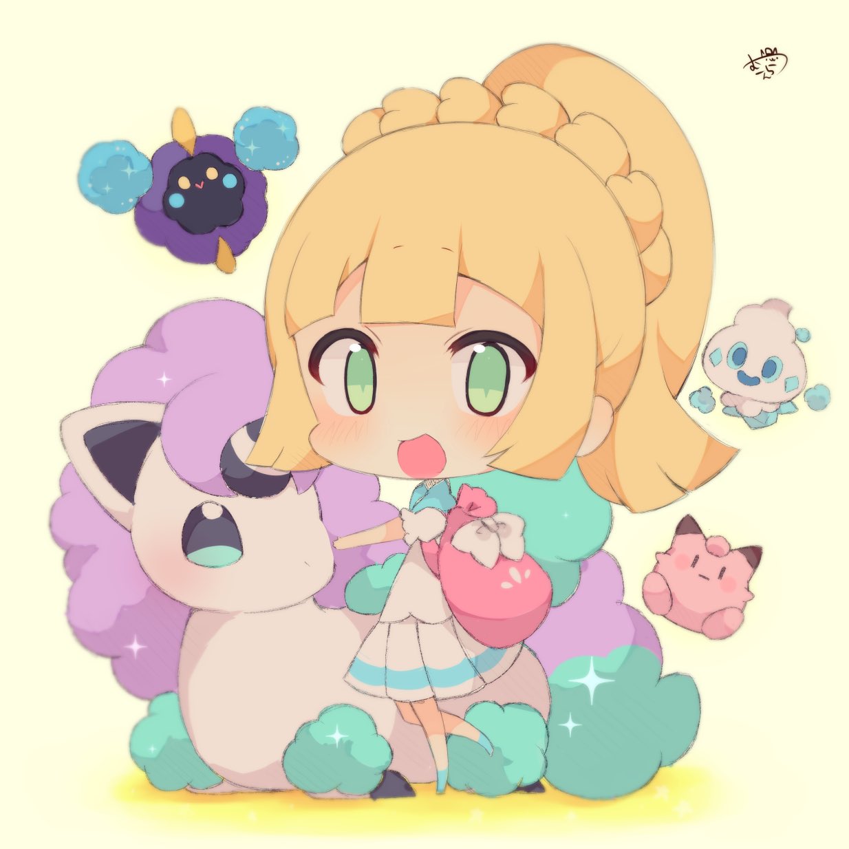 :d bag bangs beige_background blonde_hair blue_legwear bow braid chibi clefairy commentary_request cosmog eyebrows_visible_through_hair full_body galar_form galarian_ponyta gen_1_pokemon gen_5_pokemon gen_7_pokemon gen_8_pokemon green_eyes high_ponytail highres horn lillie_(pokemon) muuran open_mouth pleated_skirt pokemon pokemon_(creature) pokemon_(game) pokemon_sm ponyta ponytail puffy_short_sleeves puffy_sleeves shirt short_sleeves signature simple_background skirt smile socks sparkle standing standing_on_one_leg unicorn vanillite white_bow white_shirt white_skirt