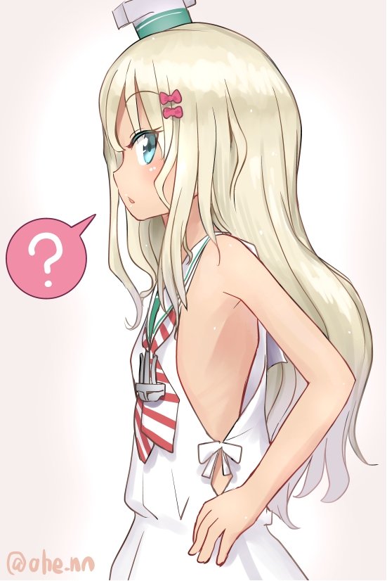 1girl ? ahenn blonde_hair bow commentary_request cow dress grecale_(kantai_collection) green_eyes hair_bow hair_ornament hairclip kantai_collection long_hair looking_at_viewer pink_bow profile sailor_collar sailor_dress side-tie_dress sleeveless sleeveless_dress solo spoken_question_mark standing striped striped_neckwear white_dress white_sailor_collar