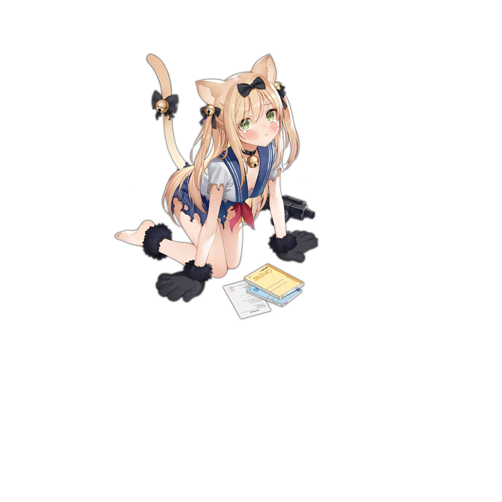 1girl all_fours alternate_costume animal_ears bag bangs bell bell_choker black_bow blonde_hair blue_skirt blush bow breasts cat_ears cat_paws cat_tail choker closed_mouth damaged eyebrows_visible_through_hair fur girls_frontline green_eyes gun haijin hair_bell hair_between_eyes hair_bow hair_ornament jingle_bell long_hair looking_at_viewer neckerchief official_art paws pleated_skirt red_neckwear sailor_collar school_uniform serafuku short_sleeves sidelocks single_knee_pad skirt small_breasts solo steyr_tmp submachine_gun tail tail_bell tail_bow tearing_up tmp_(girls_frontline) torn_clothes transparent_background very_long_hair weapon