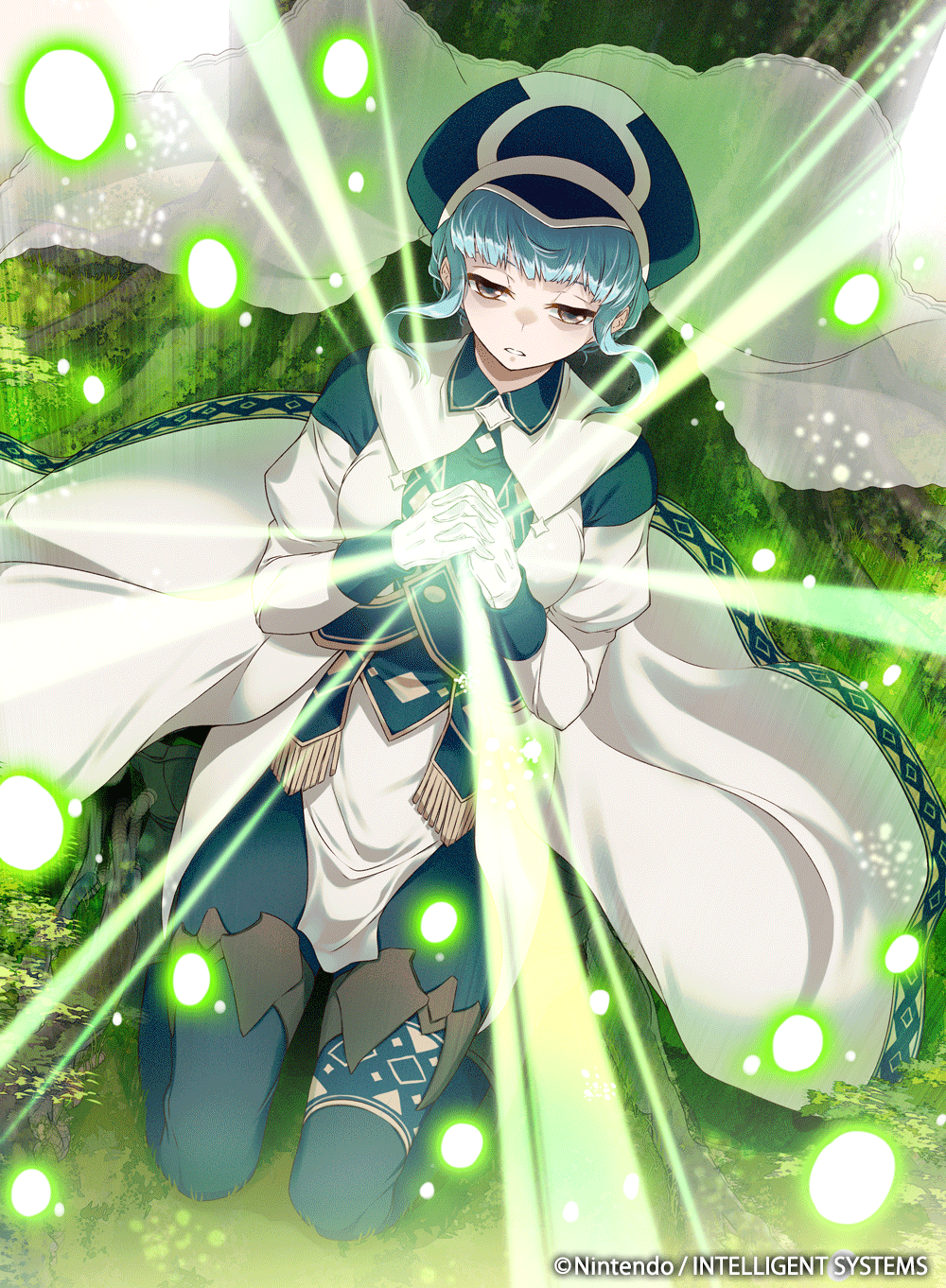 1girl 40hara blue_hair brown_eyes company_name copyright_name fire_emblem fire_emblem:_three_houses fire_emblem_cipher hands_clasped hat highres kneeling long_sleeves marianne_von_edmund official_art own_hands_together parted_lips solo