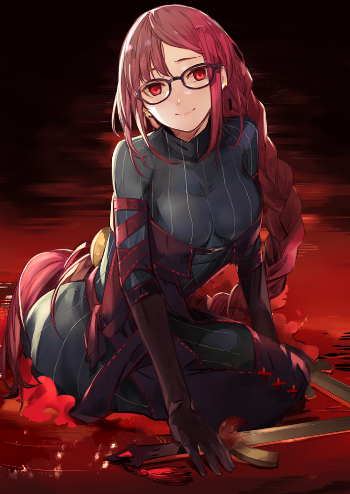 1girl braid check_character consort_yu_(fate) fate/grand_order fate_(series) g_yuusuke glasses long_hair looking_at_viewer red_eyes redhead smile solo sword very_long_hair weapon