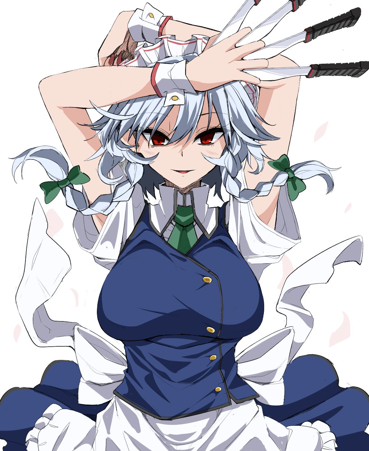1girl apron arms_up bangs blue_skirt blue_vest bow braid breasts commentary_request eyebrows_visible_through_hair eyelashes frilled_apron frills green_bow green_neckwear hair_between_eyes hair_bow highres holding holding_knife holding_weapon izayoi_sakuya knife knives_between_fingers large_breasts looking_at_viewer maid maid_apron maid_headdress nail_polish parted_lips petals red_eyes red_nails rihito_(usazukin) shirt short_hair short_sleeves silver_hair simple_background skirt smile solo touhou twin_braids upper_body vest waist_apron weapon white_apron white_background white_shirt wrist_cuffs