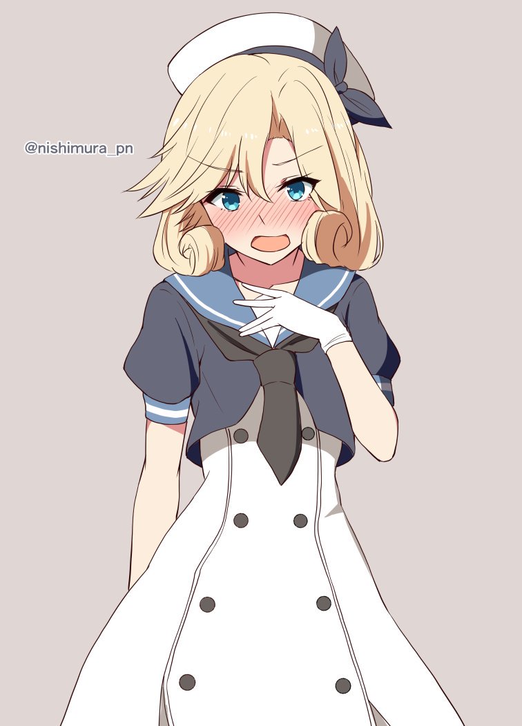 1girl bangs black_neckwear blonde_hair blue_eyes blue_sailor_collar blush commentary_request cowboy_shot dress gloves grey_background hand_on_own_chest hat janus_(kantai_collection) kantai_collection looking_at_viewer nishimura_pn open_mouth parted_bangs sailor_collar sailor_dress sailor_hat short_hair short_sleeves simple_background solo twitter_username white_dress white_gloves white_headwear