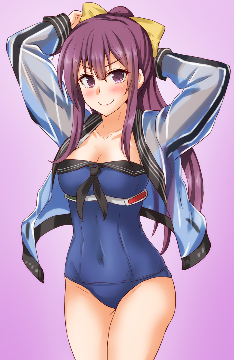 1girl alternate_costume anti_(untea9) arms_up blue_jacket blue_swimsuit blush breasts closed_mouth covered_navel eyebrows_visible_through_hair gradient gradient_background highres jacket kamikaze_(kantai_collection) kantai_collection large_breasts long_hair one-piece_swimsuit ponytail purple_hair ribbon smile solo swimsuit swimsuit_under_clothes thighs yellow_ribbon