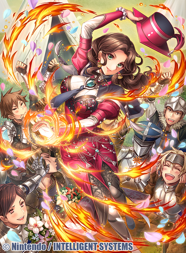 1girl 6+boys arm_up armor brown_hair closed_eyes closed_mouth company_name copyright_name dorothea_arnault earrings fire fire_emblem fire_emblem:_three_houses fire_emblem_cipher flame flower fumi_(butakotai) green_eyes hat helmet holding holding_hat jewelry long_hair long_sleeves multiple_boys necktie official_art open_mouth petals smile