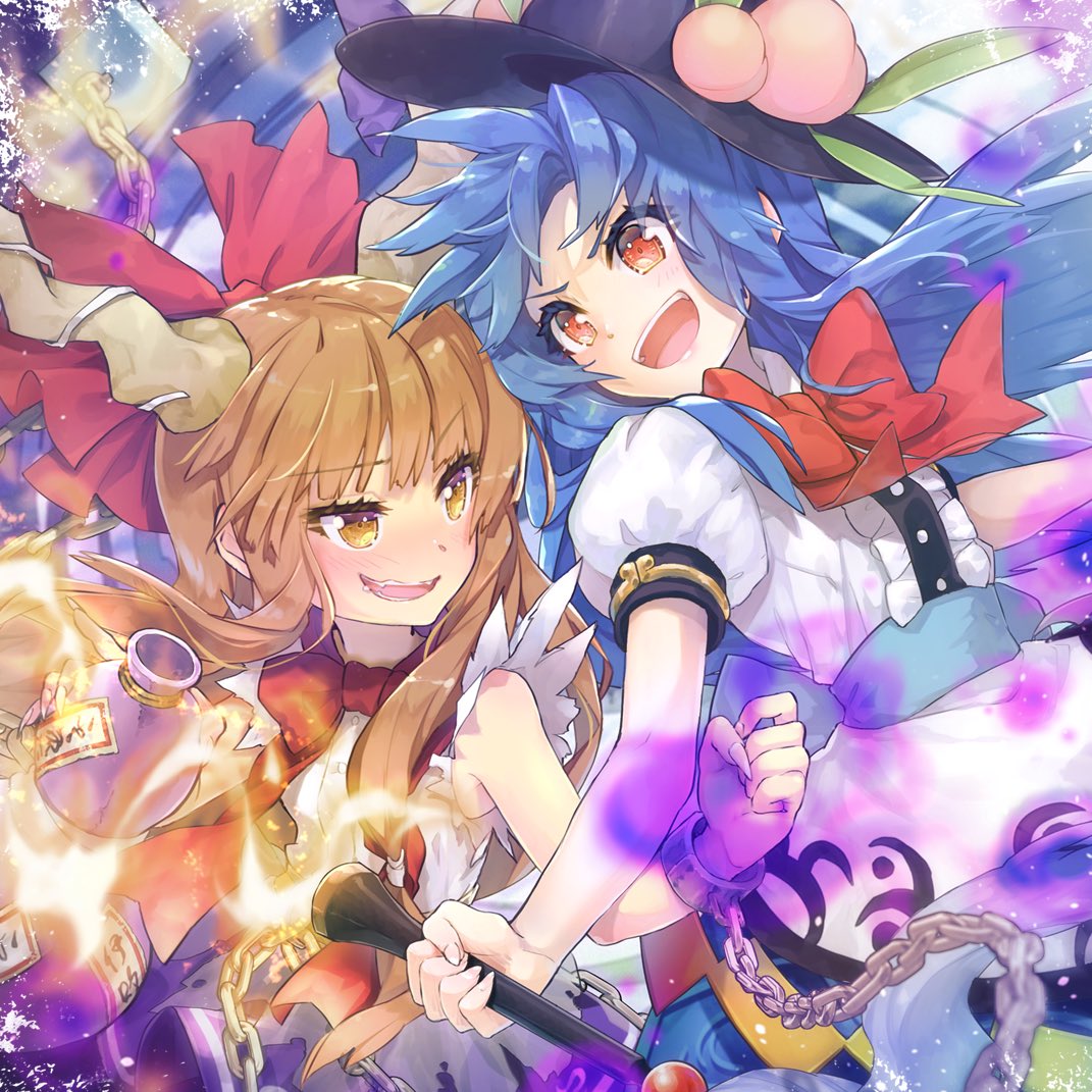 2girls :d aura bangs bare_arms bare_shoulders black_headwear blouse blue_hair blush bow bowtie brown_eyes brown_hair chain commentary_request cuffs eyebrows_visible_through_hair food fruit gourd hair_bow hinanawi_tenshi holding holding_sword holding_weapon ibuki_suika leaf long_hair looking_at_another multiple_girls oni oni_horns open_mouth peach puffy_short_sleeves puffy_sleeves red_bow red_eyes red_neckwear shackles shirt short_sleeves sleeveless sleeveless_shirt smile sword sword_of_hisou syuri22 touhou upper_body weapon white_blouse white_shirt