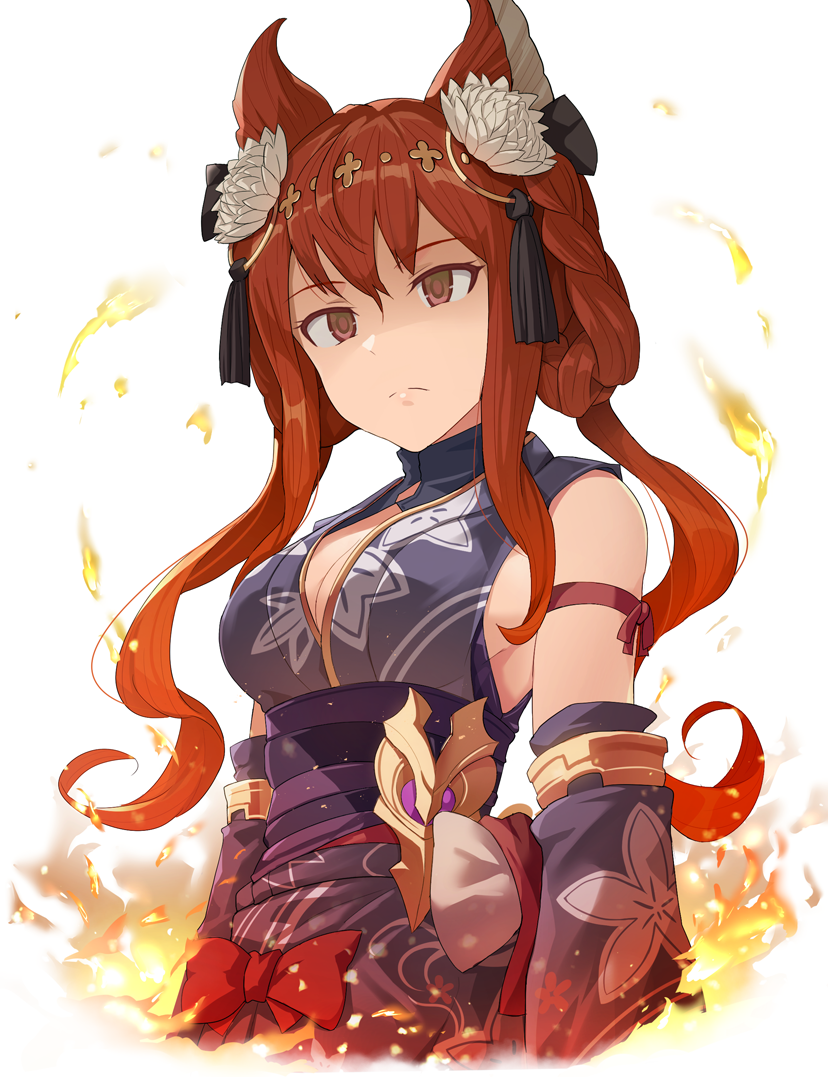 1girl animal_ears anthuria arm_ribbon bangs bare_shoulders black_kimono bow braid breasts closed_mouth commentary_request detached_sleeves empty_eyes erune fire flower granblue_fantasy hair_between_eyes hair_flower hair_ornament hinami_(hinatamizu) japanese_clothes kimono large_breasts lips long_hair looking_at_viewer red_bow red_eyes red_ribbon redhead ribbon simple_background solo standing twin_braids upper_body white_background white_flower yukata