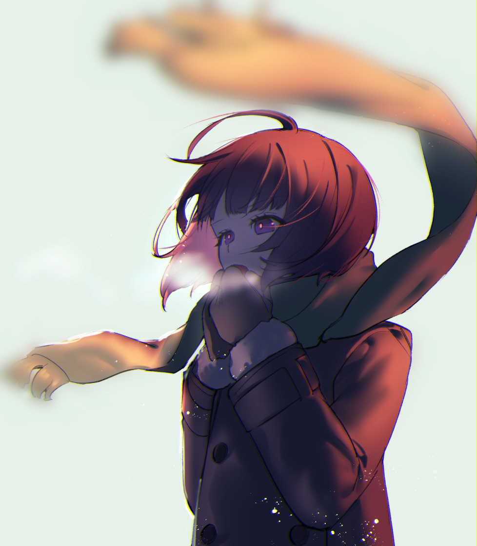 1girl ahoge amatori_chika bangs blunt_bangs bob_cut breath brown_hair coat covering_mouth double-breasted eyelashes fur-trimmed_sleeves fur_trim long_sleeves mirin_chikuwa mittens motion_blur open_mouth redhead scarf short_hair simple_background snow solo upper_body violet_eyes wind world_trigger