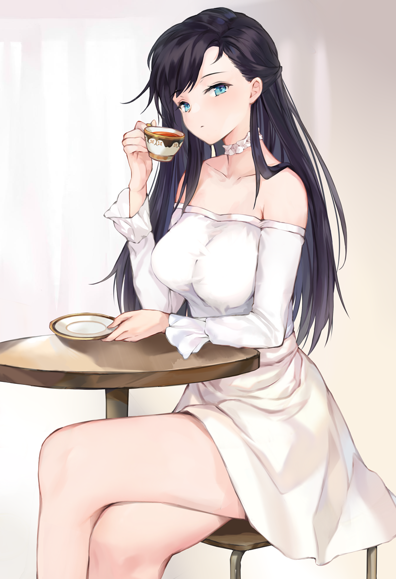 1girl aimee_(emi) bangs bare_shoulders black_hair blue_eyes breasts chair crossed_legs cup long_hair looking_at_viewer off_shoulder original saucer sitting solo tea teacup