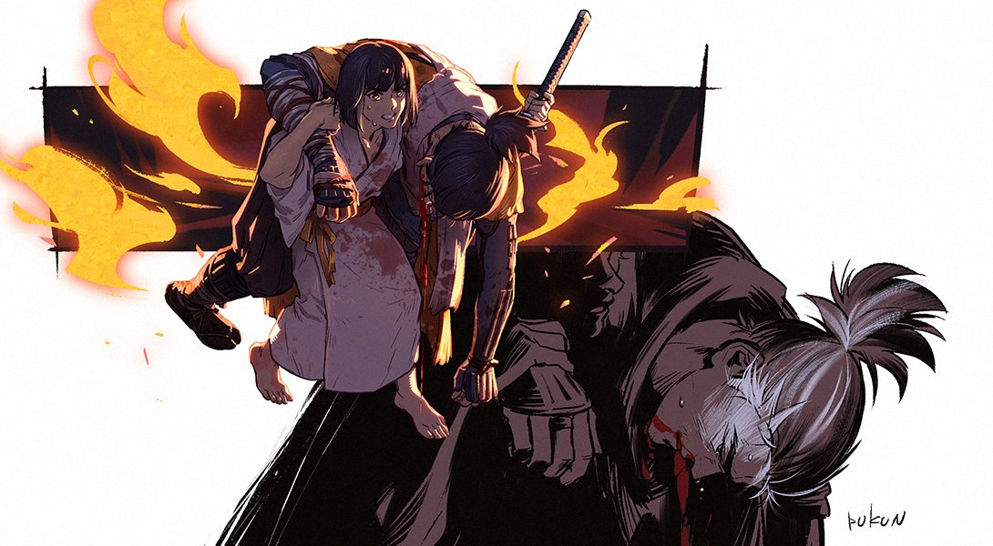 2boys androgynous barefoot black_hair blood blood_in_mouth bloody_clothes bob_cut carrying_over_shoulder fire japanese_clothes kimono kuro_the_divine_heir male_focus multiple_boys ponytail prosthesis prosthetic_arm pukun sekiro sekiro:_shadows_die_twice short_hair sweat sword weapon
