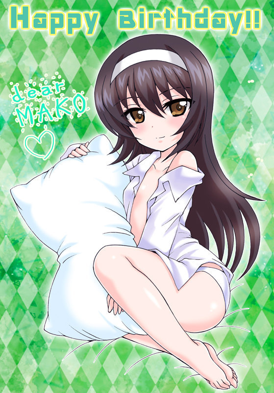 1girl argyle argyle_background bangs barefoot black_hair blush breasts brown_eyes burafu character_name closed_mouth commentary dress_shirt full_body girls_und_panzer green_background hairband happy_birthday holding holding_pillow long_hair long_sleeves looking_at_viewer no_pants off_shoulder on_bed open_clothes open_shirt panties pillow reizei_mako shirt sitting small_breasts smile solo underwear white_hairband white_panties