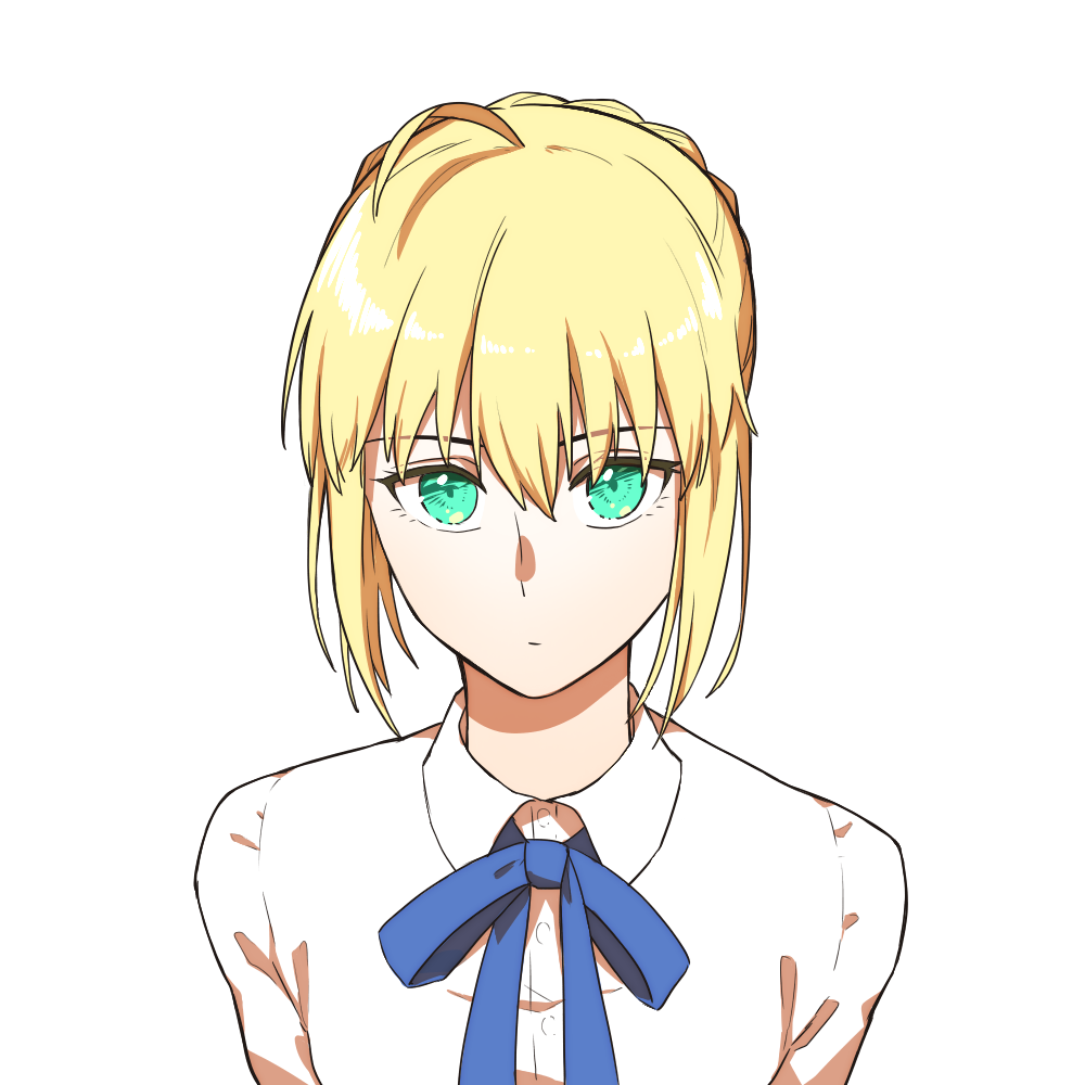 1girl ahoge artoria_pendragon_(all) blonde_hair blue_ribbon braid braided_bun closed_mouth collared_shirt dress_shirt fate/stay_night fate_(series) green_eyes hair_between_eyes karakuri2357 looking_at_viewer neck_ribbon ribbon saber shirt short_hair simple_background solo upper_body white_background white_shirt wing_collar