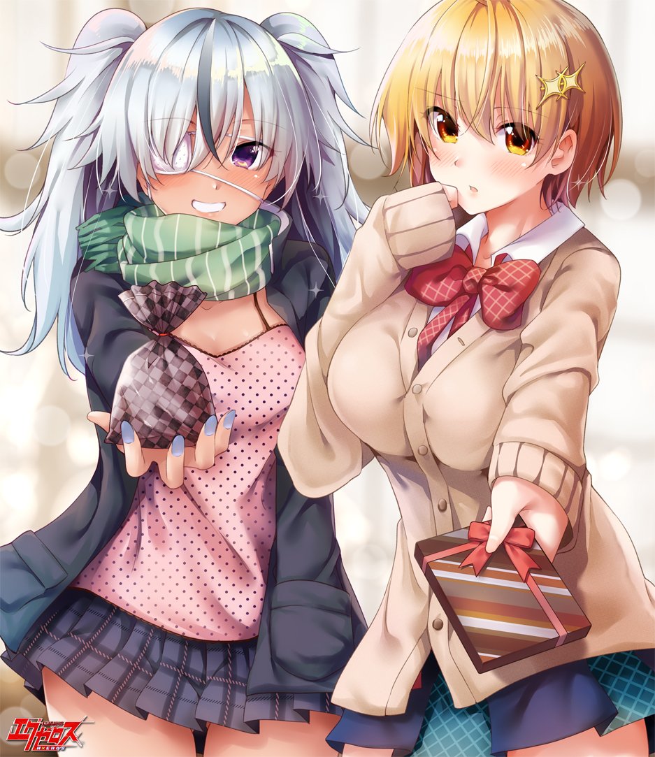 2girls :o black_skirt blonde_hair blue_nails blush bow bowtie box breasts brown_cardigan cardigan character_request checkered clenched_teeth dokyuu_hentai_hxeros eyebrows_visible_through_hair eyepatch gift gift_box green_scarf hair_ornament hoshino_kirara large_breasts long_sleeves looking_at_viewer medium_hair multiple_girls nail_polish plaid plaid_bow plaid_skirt polka_dot red_neckwear ryouma_(galley) scarf shirt short_hair silver_hair skirt sleeves_past_wrists smile striped striped_scarf teeth twintails vertical-striped_scarf violet_eyes white_shirt yellow_eyes