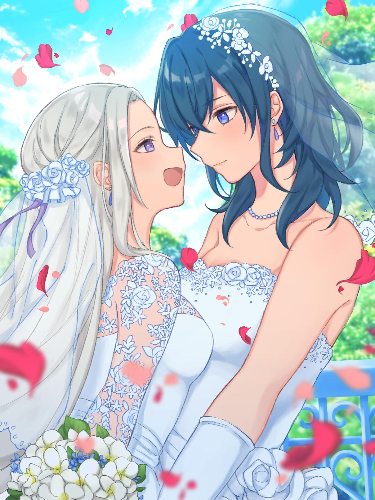 2girls bare_shoulders bead_necklace beads blue_eyes blue_sky blurry bouquet bridal_veil byleth_(fire_emblem) byleth_eisner_(female) depth_of_field dress earrings edelgard_von_hresvelg eye_contact fire_emblem fire_emblem:_three_houses flower green_hair highres hoshido1214 jewelry long_hair looking_at_another medium_hair multiple_girls necklace petals silver_hair sky smile upper_body veil violet_eyes wedding_dress white_dress wife_and_wife yuri