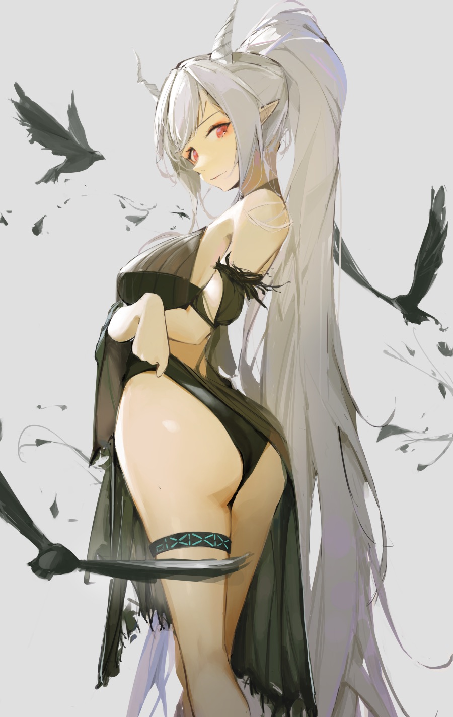 1girl arknights ass bangs bare_legs bare_shoulders barefoot bird black_swimsuit breasts brown_eyes commentary_request eyyy feet_out_of_frame grey_background highres horns infection_monitor_(arknights) long_hair looking_at_viewer medium_breasts one-piece_swimsuit partial_commentary pointy_ears ponytail shining_(arknights) shining_(silent_night)_(arknights) silver_hair simple_background solo standing swimsuit thigh_strap thighs very_long_hair