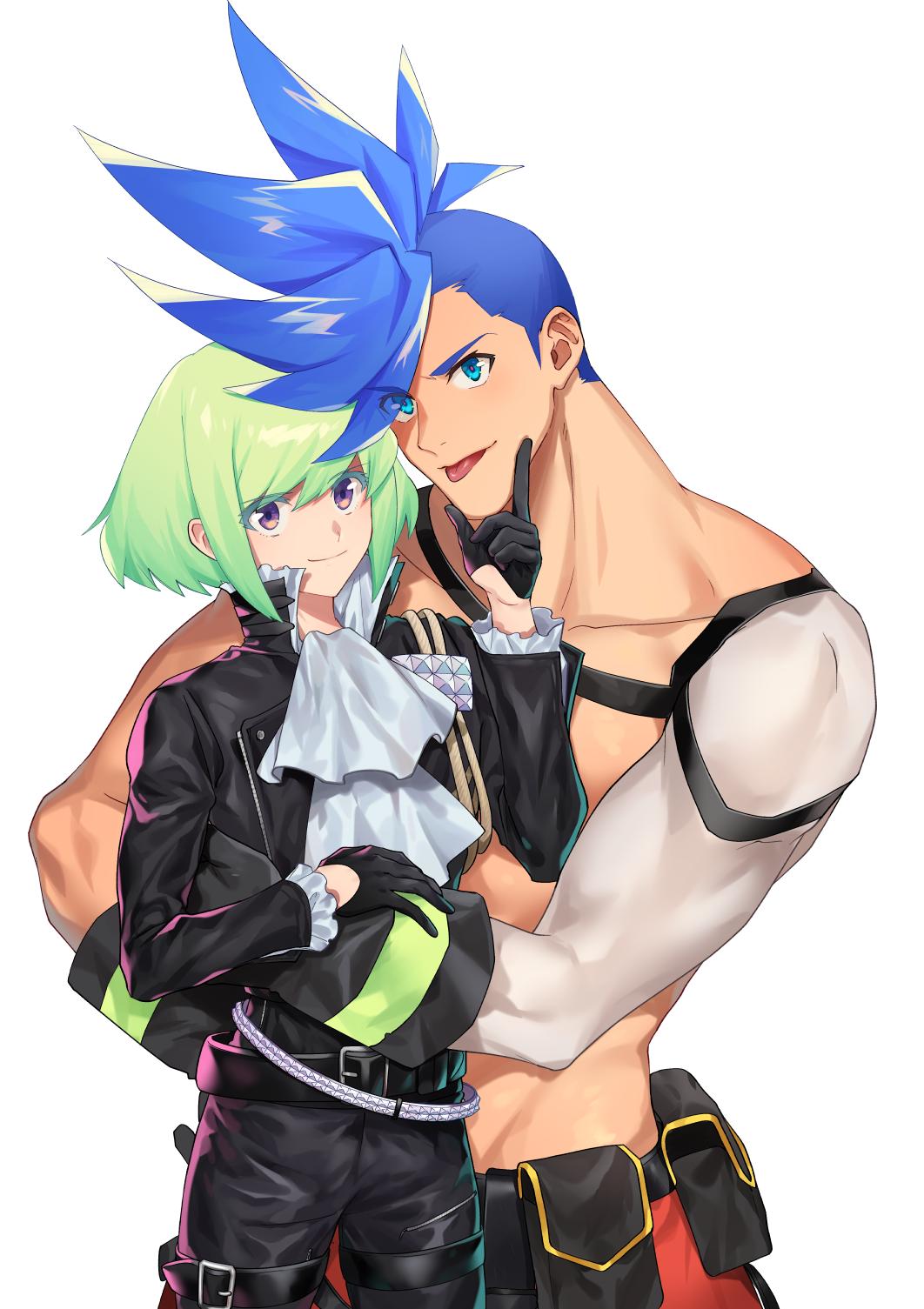 2boys blue_eyes blue_hair chin_grab cravat galo_thymos green_hair highres hug ke889 lio_fotia looking_at_viewer male_focus multiple_boys promare shirtless size_difference spiky_hair tongue tongue_out violet_eyes