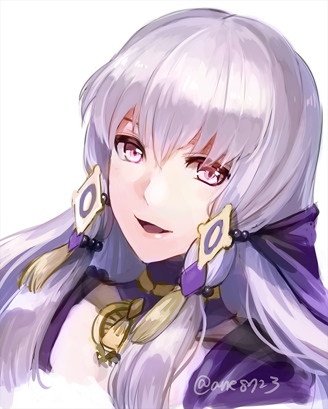1girl ane-suisei fire_emblem fire_emblem:_three_houses hair_ornament long_hair lysithea_von_ordelia open_mouth pink_eyes simple_background solo twitter_username upper_body white_background white_hair