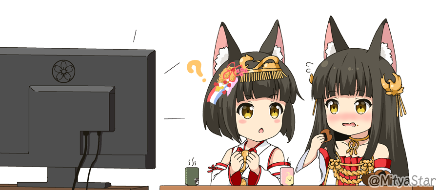 2girls :o ? animal_ear_fluff animal_ears azur_lane bangs bare_shoulders black_hair blush_stickers brown_eyes closed_mouth collarbone commentary_request cup detached_sleeves dress eyebrows_visible_through_hair flat_screen_tv flying_sweatdrops food food_on_face fox_ears hair_ornament headpiece holding holding_food japanese_clothes kimono long_hair long_sleeves looking_at_another looking_away looking_to_the_side miicha multiple_girls mutsu_(azur_lane) nagato_(azur_lane) open_mouth parted_lips red_dress red_ribbon ribbon senbei short_hair simple_background sleeveless sleeveless_kimono strapless strapless_dress television twitter_username upper_body watching_television wavy_mouth white_background white_kimono white_sleeves wide_sleeves yunomi