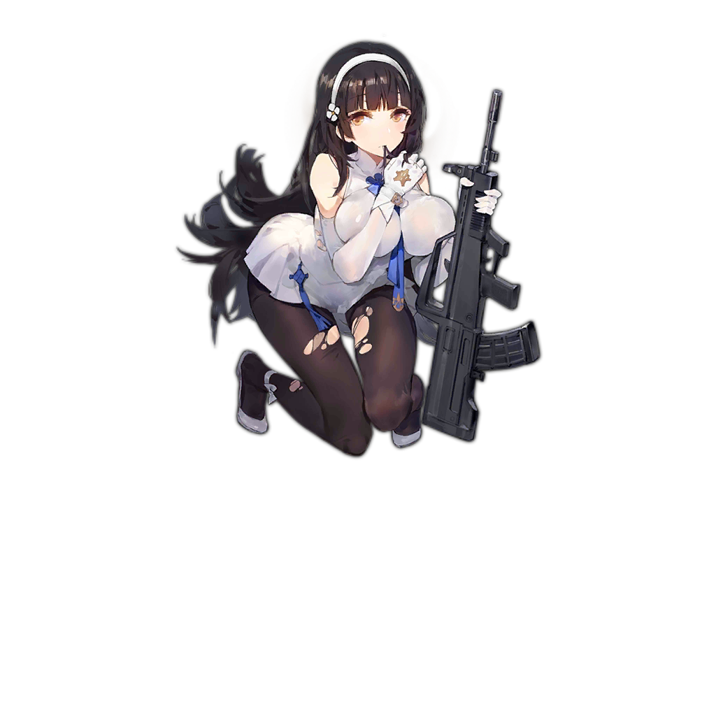 1girl accessories ankle_ribbon assault_rifle between_breasts black_hair black_legwear breast_press breasts brown_eyes bullpup covered_nipples dress eating_hair eyebrows eyebrows_visible_through_hair flats flower full_body girls_frontline gloves gun hair_flower hair_ornament hairband holding holding_gun holding_weapon impossible_clothes kishiyo large_breasts long_hair looking_at_viewer necktie official_art pantyhose qbz-95 qbz-95_(girls_frontline) ribbon rifle shoes simple_background solo squatting symbol torn_clothes torn_legwear very_long_hair watermark weapon white_background white_dress white_gloves white_hairband