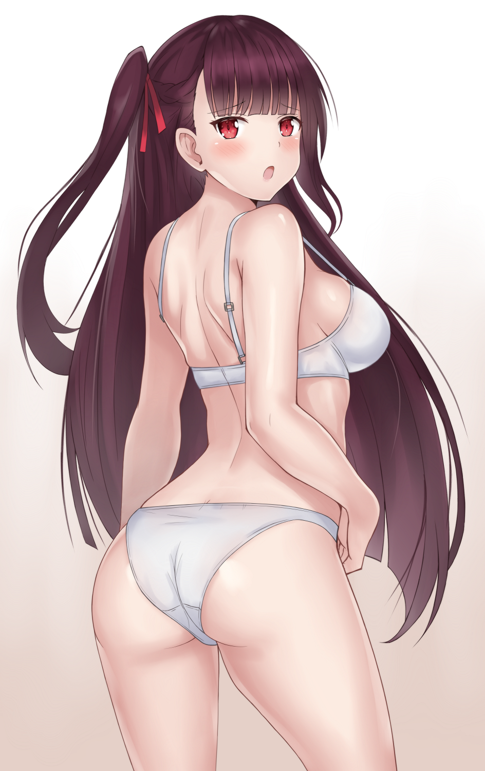 1girl :o ass bangs blunt_bangs blush bra breasts eyebrows_visible_through_hair from_behind girls_frontline hair_ribbon highres long_hair looking_at_viewer medium_breasts open_mouth panties purple_hair red_eyes red_ribbon ribbon side_ponytail sideboob solo standing underwear underwear_only vodka13 wa2000_(girls_frontline) white_bra white_panties