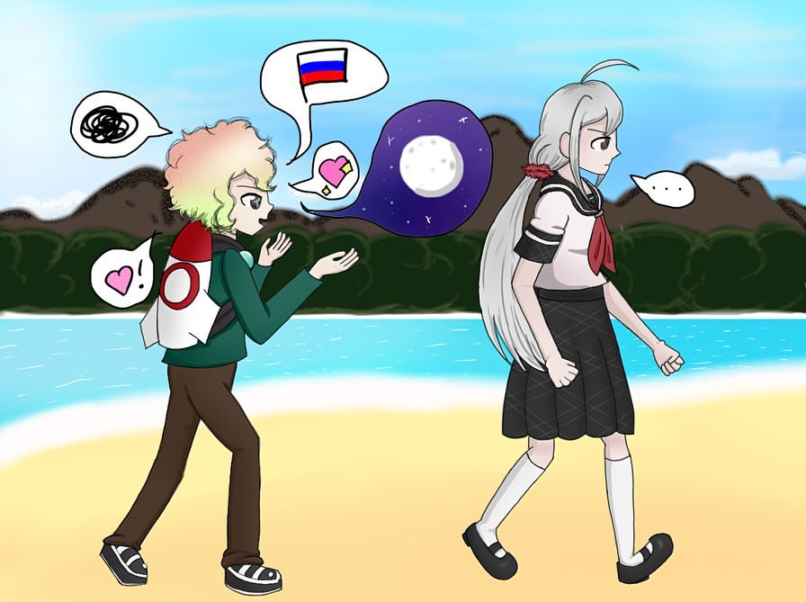 1_boy 1_girl flag hair_ornament heart kagarin_yuri moon silver_hair sora_(super_dangan_ronpa_another_2) super_dangan_ronpa_another_2 walking white_hair