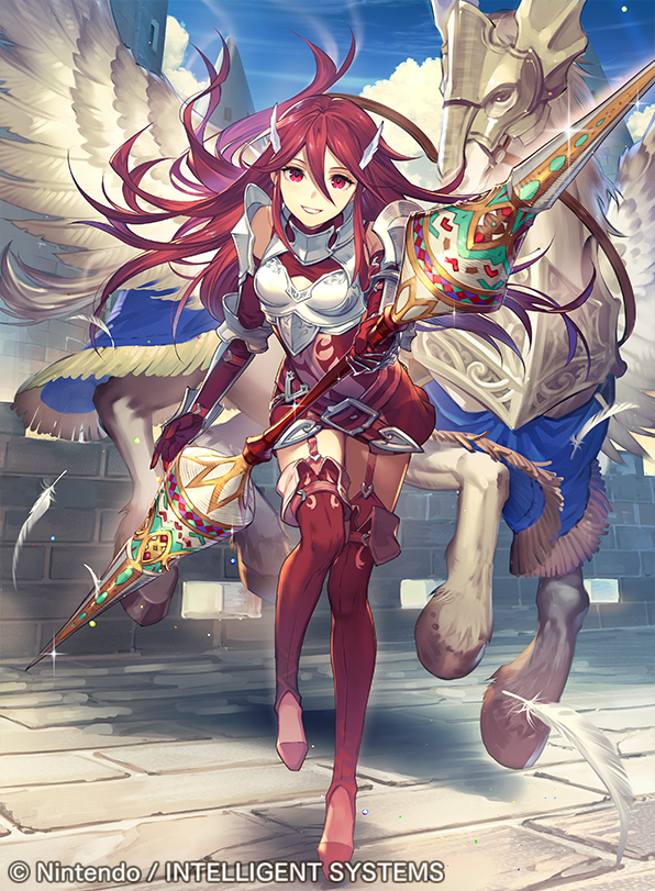 1girl blue_sky breastplate company_name copyright_name cordelia_(fire_emblem) day feathers fire_emblem fire_emblem_awakening fire_emblem_cipher full_body grin hair_ornament holding holding_weapon long_hair official_art outdoors pegasus polearm red_eyes redhead sky smile solo umiu_geso weapon wing_hair_ornament