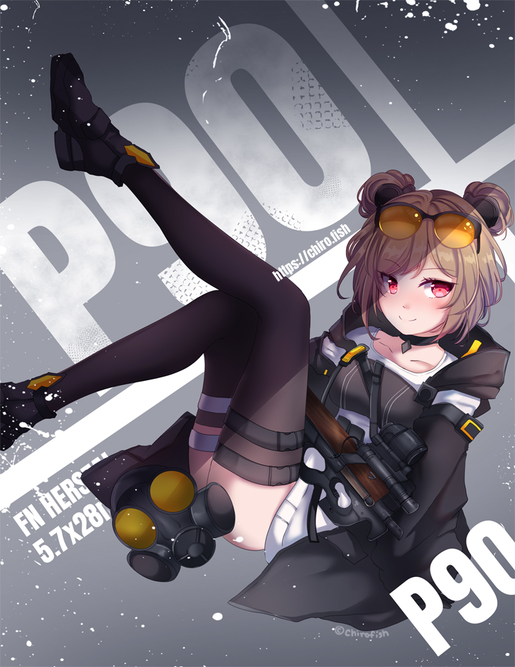 1girl artist_name bangs black_gloves blush boots breasts brown_hair bullpup character_name chiroyo choker double_bun eyewear_on_head gas_mask girls_frontline gloves gun hair_ornament jacket legs_up looking_at_viewer p90 p90_(girls_frontline) red_eyes shade short_hair sitting smile solo submachine_gun sunglasses thigh-highs thigh_strap weapon