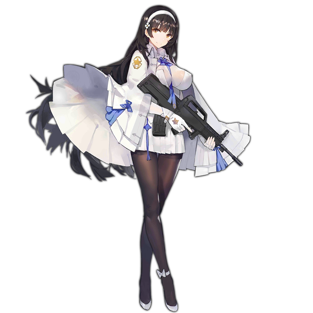 1girl ankle_ribbon assault_rifle august1st between_breasts black_hair black_legwear breasts brown_eyes brown_legwear bullpup cloak covered_nipples crossed_legs fingerless_gloves flats flower full_body girls_frontline gloves gun hair_flower hair_ornament hairband holding holding_gun holding_weapon impossible_clothes kishiyo large_breasts long_hair looking_at_viewer official_art pantyhose pleated_skirt qbz-95 qbz-95_(girls_frontline) ribbon rifle shoes simple_background skirt smile solo standing thigh_gap thighband_pantyhose trigger_discipline very_long_hair watermark watson_cross weapon white_gloves white_hairband