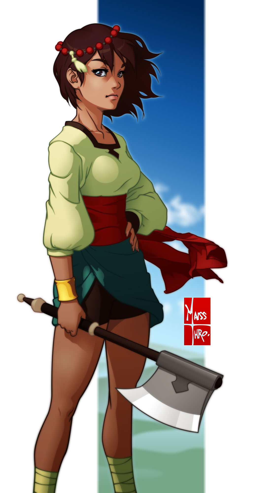 1girl ajna_(indivisible) ankle_wrap artist_logo axe beads bike_shorts black_eyes black_hair black_shorts blue_sky bracelet brown_hair closed_mouth clouds cloudy_sky commentary dark_skin eduardo_j._perez_m. english_commentary frown hair_beads hair_ornament highres holding holding_axe holding_weapon indivisible jewelry long_sleeves looking_at_viewer outside_border sash shirt short_hair shorts skirt skirt_lift sky solo standing tied_skirt weapon white_shirt wind