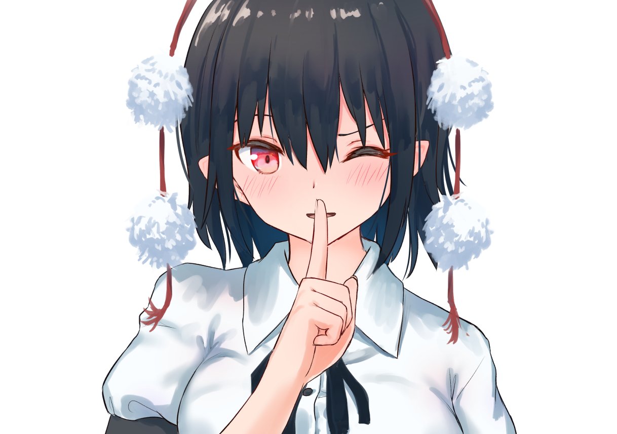 1girl ;d bangs black_hair black_neckwear black_ribbon blush breasts commentary_request finger_to_mouth hair_between_eyes hand_up index_finger_raised looking_at_viewer medium_breasts neck_ribbon one_eye_closed open_mouth pointy_ears pom_pom_(clothes) puffy_short_sleeves puffy_sleeves red_eyes ribbon roke_(taikodon) shameimaru_aya shirt short_hair short_sleeves simple_background smile solo tassel touhou upper_body white_background white_shirt