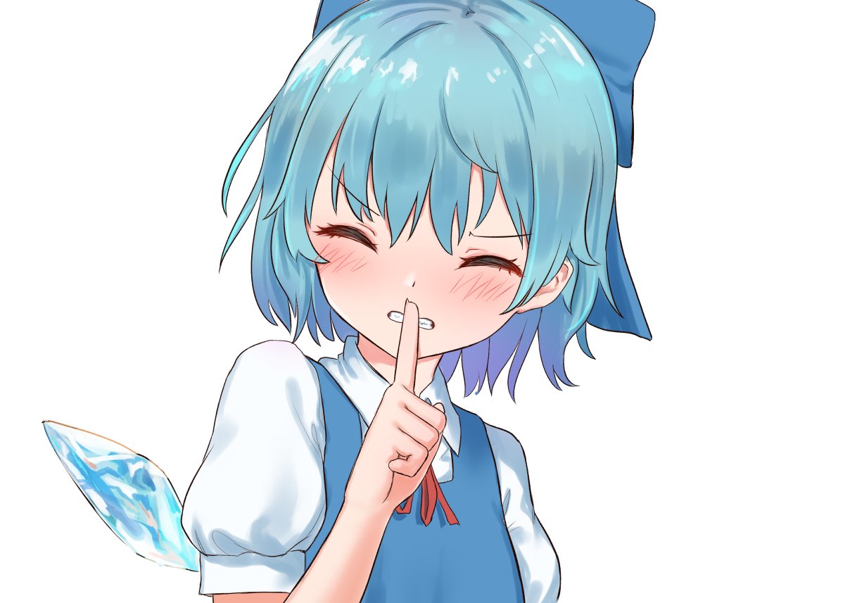 1girl ^_^ bangs blue_dress blue_hair blush cirno clenched_teeth closed_eyes commentary_request dress eyebrows_visible_through_hair facing_viewer finger_to_mouth hair_between_eyes hand_up ice ice_wings index_finger_raised neck_ribbon pinafore_dress puffy_short_sleeves puffy_sleeves red_neckwear red_ribbon ribbon roke_(taikodon) shirt short_hair short_sleeves simple_background solo teeth touhou upper_body white_background white_shirt wings
