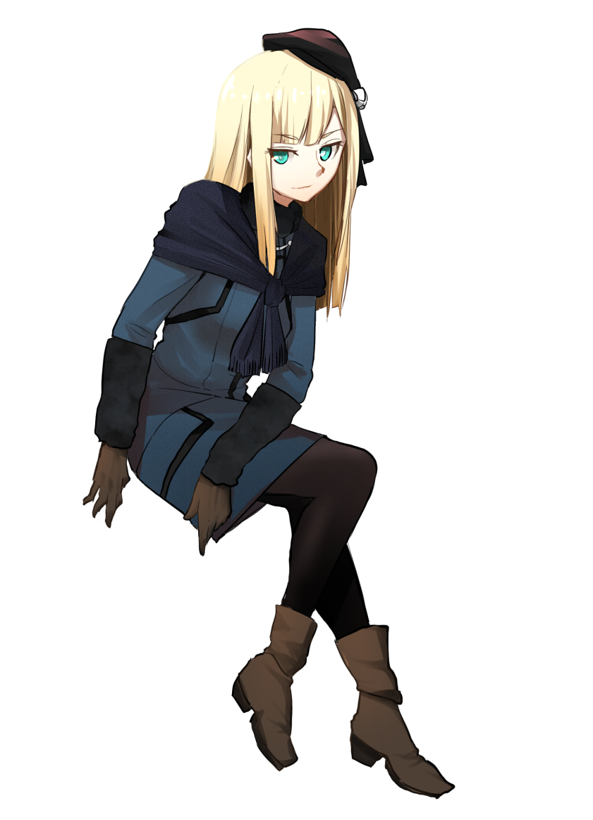 1girl aqua_eyes bangs benbe black_headwear black_legwear blonde_hair blue_coat boots brown_footwear brown_gloves closed_mouth coat_dress fate_(series) gloves hair_between_eyes hat invisible_chair long_hair looking_at_viewer lord_el-melloi_ii_case_files pantyhose reines_el-melloi_archisorte simple_background sitting smile solo straight_hair white_background