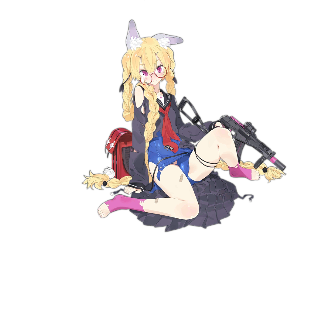 1girl alternate_costume animal_ear_fluff animal_ears bag bangs blonde_hair blue_footwear blue_swimsuit blush braid breasts damaged girls_frontline glasses gun hair_ornament hair_ribbon hairclip holding holding_gun holding_weapon jewelry long_hair long_sleeves looking_at_viewer neckerchief official_art old_school_swimsuit one-piece_swimsuit pandegg pink_legwear red_neckwear ribbon round_eyewear school_bag school_swimsuit sitting skirt small_breasts smile socks solo sr-3mp sr-3mp_(girls_frontline) swimsuit swimsuit_under_clothes torn_clothes transparent_background twin_braids very_long_hair violet_eyes weapon