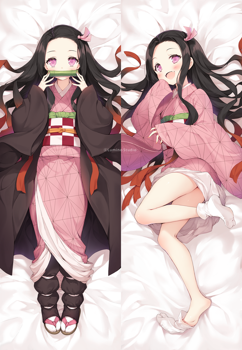 1girl :d bamboo bangs bed_sheet bit_gag black_hair blush brown_hair byulzzimon checkered commentary_request dakimakura fangs forehead gag gradient_hair hair_ribbon hands_up highres japanese_clothes kamado_nezuko kimetsu_no_yaiba kimono long_sleeves lying mouth_hold multicolored_hair multiple_views no_shoes obi on_back on_side open_clothes open_mouth parted_bangs pink_eyes pink_kimono pink_ribbon ribbon sash sleeves_past_fingers sleeves_past_wrists smile socks soles tabi white_legwear wide_sleeves