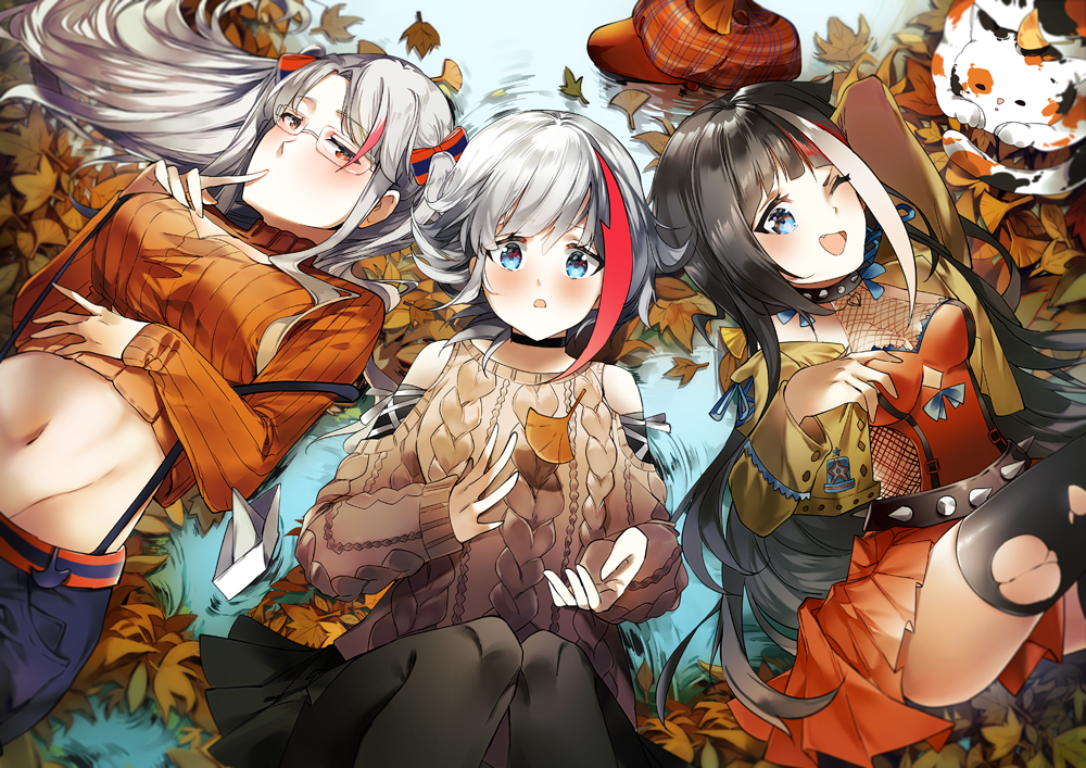 3girls admiral_graf_spee_(azur_lane) aran_sweater autumn_leaves azur_lane bangs black_hair blue_eyes blunt_bangs blush bow breasts calico cropped_jacket deutschland_(azur_lane) dress eyebrows_visible_through_hair finger_to_mouth glasses grey_hair groin hair_between_eyes hair_bow half-closed_eyes hat hat_removed headwear_removed large_breasts leaf long_hair looking_at_viewer maple_leaf midriff multicolored_hair multiple_girls navel open_mouth pleated_dress prinz_eugen_(azur_lane) redhead short_hair sidelocks silver_hair small_breasts smile stomach streaked_hair suspenders sweater two_side_up very_long_hair white_hair yane_(gokuderanyan)