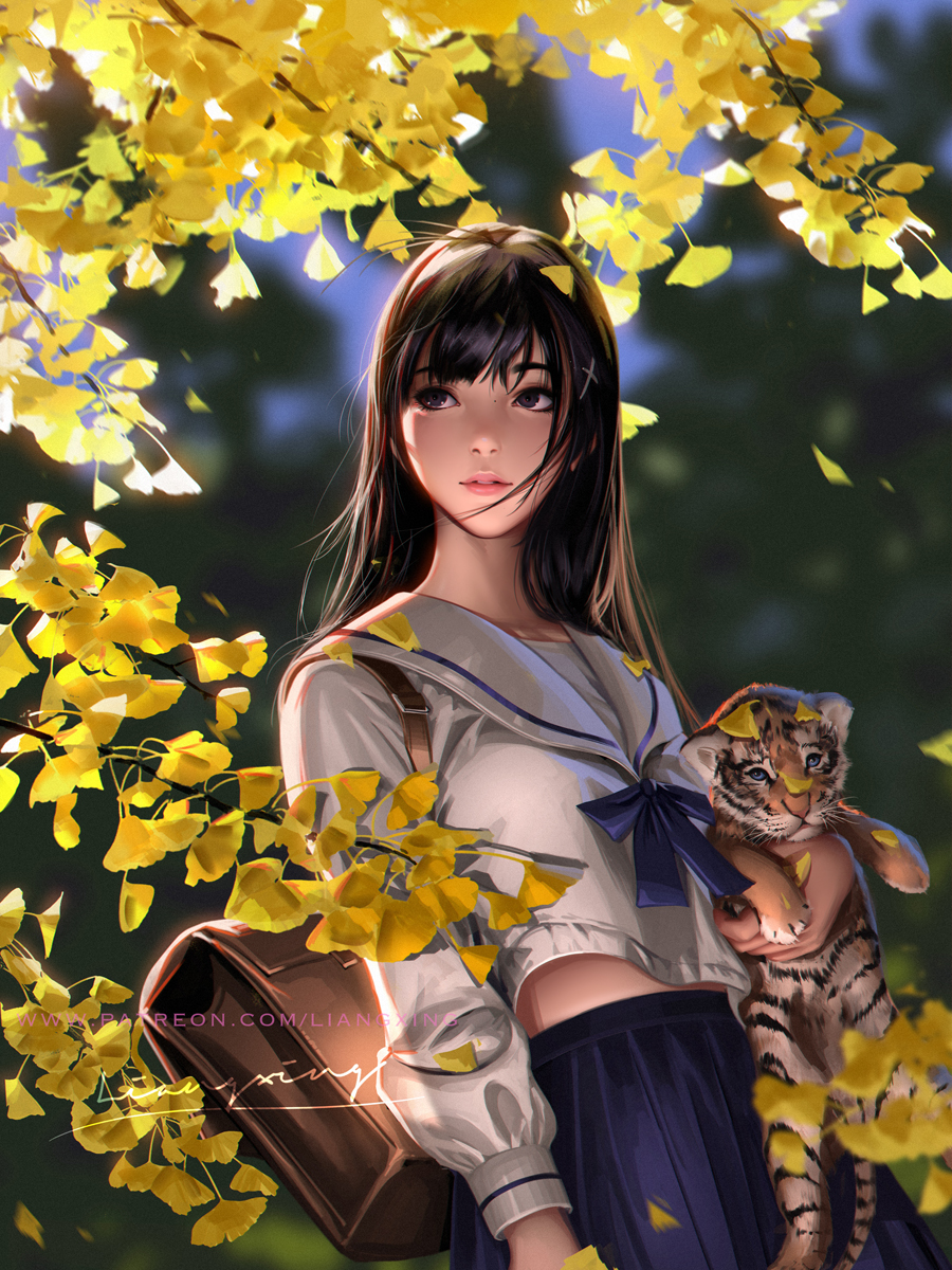 1girl animal animal_hug autumn autumn_leaves bag bangs belly_peek black_eyes black_hair blue_bow blue_eyes blue_skirt blurry blurry_background bow commentary cowboy_shot day depth_of_field eyebrows_behind_hair ginkgo ginkgo_leaf hair_ornament highres holding holding_animal liang_xing long_hair long_sleeves looking_away looking_to_the_side makeup mascara mole original outdoors parted_lips patreon_username pink_lips pleated_skirt sailor_collar satchel school_uniform serafuku shirt signature skirt solo sunlight tiger tiger_cub tree_branch watermark web_address white_sailor_collar white_shirt x_hair_ornament