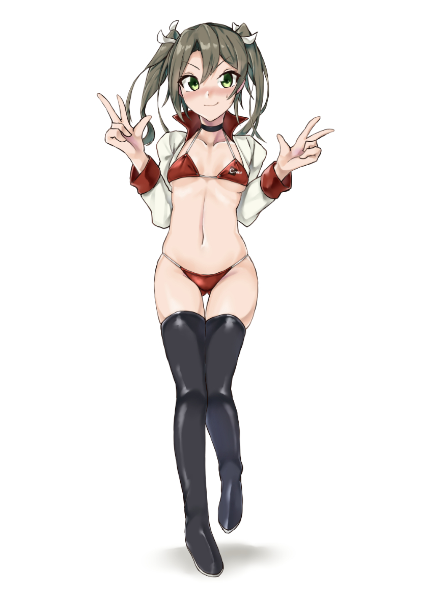 1girl alternate_costume asake_ameji ass_visible_through_thighs bikini black_legwear breasts commentary_request cropped_jacket double_v full_body gradient_hair green_eyes jacket kantai_collection long_hair looking_at_viewer multicolored_hair navel racequeen red_bikini simple_background small_breasts solo standing swimsuit thigh-highs twintails v white_background white_jacket zuikaku_(kantai_collection)