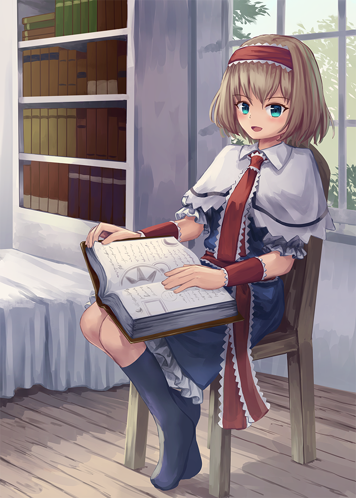 1girl alice_margatroid bangs bed black_legwear blonde_hair blue_dress blue_eyes blue_sky book bookshelf capelet commentary day dress english_commentary hairband indoors kneehighs lolita_hairband looking_at_viewer no_shoes ookashippo open_book open_mouth puffy_short_sleeves puffy_sleeves red_neckwear red_ribbon ribbon sash shadow short_hair short_sleeves sitting sky solo touhou white_capelet window wooden_floor wrist_cuffs