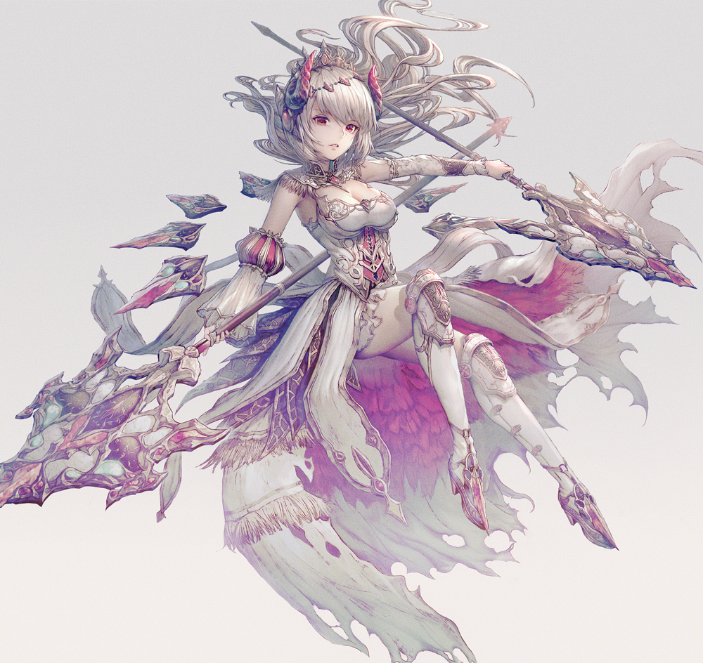 1girl armor dress dual_wielding floating hisahisahisahisa holding holding_spear holding_weapon horns long_hair original parted_lips platinum_blonde_hair polearm red_eyes solo spear torn_clothes weapon white_dress