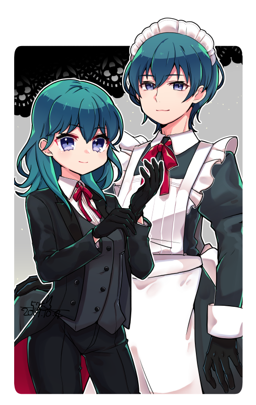 1boy 1girl black_gloves blue_eyes blue_hair butler byleth_(fire_emblem) byleth_eisner_(female) byleth_eisner_(male) closed_mouth crossdressinging dated fire_emblem fire_emblem:_three_houses gloves kona_sleipnir long_sleeves maid maid_headdress medium_hair short_hair