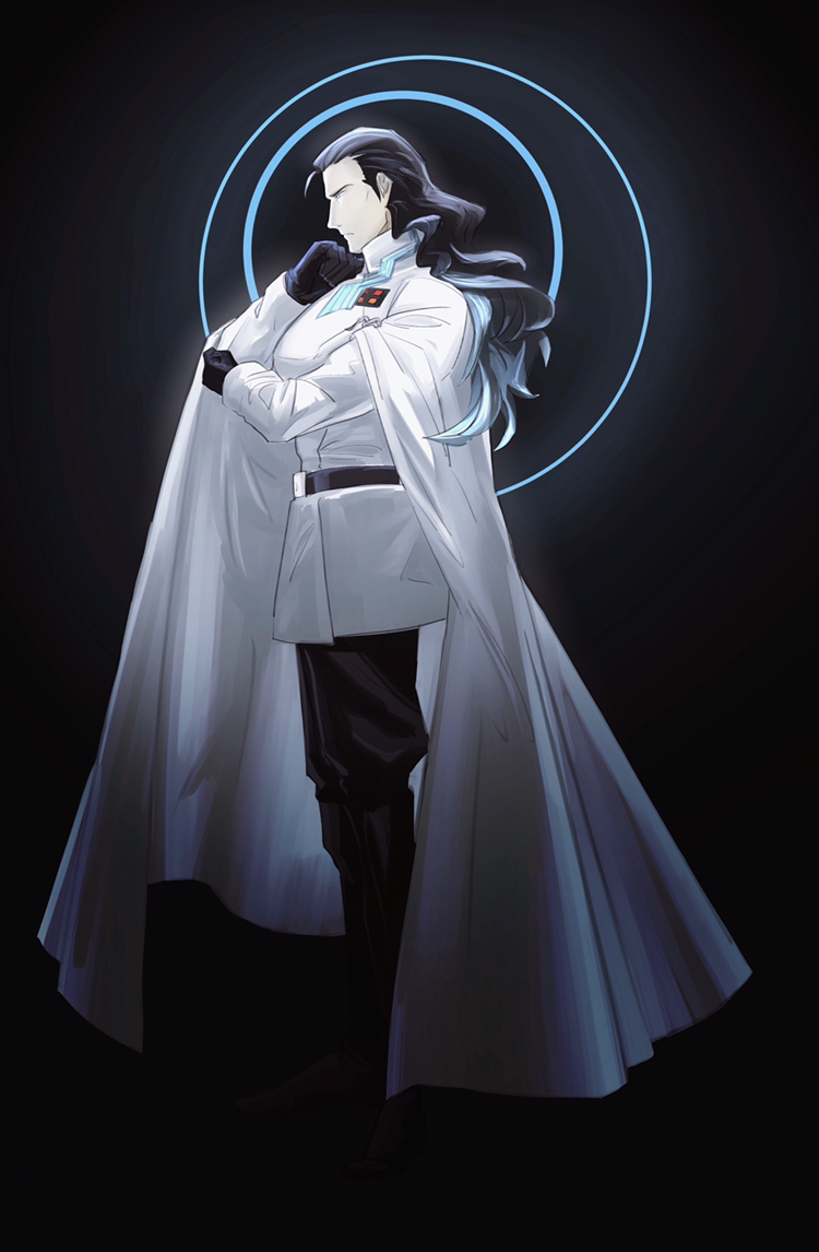 1boy belt black_footwear black_gloves black_hair black_pants blue_hair cape clenched_hand dark_background fate/grand_order fate_(series) full_body gloves hand_up long_hair male_focus multicolored_hair nikola_tesla_(fate/grand_order) pants profile solo standing two-tone_hair very_long_hair viscontiapclyps white_cape