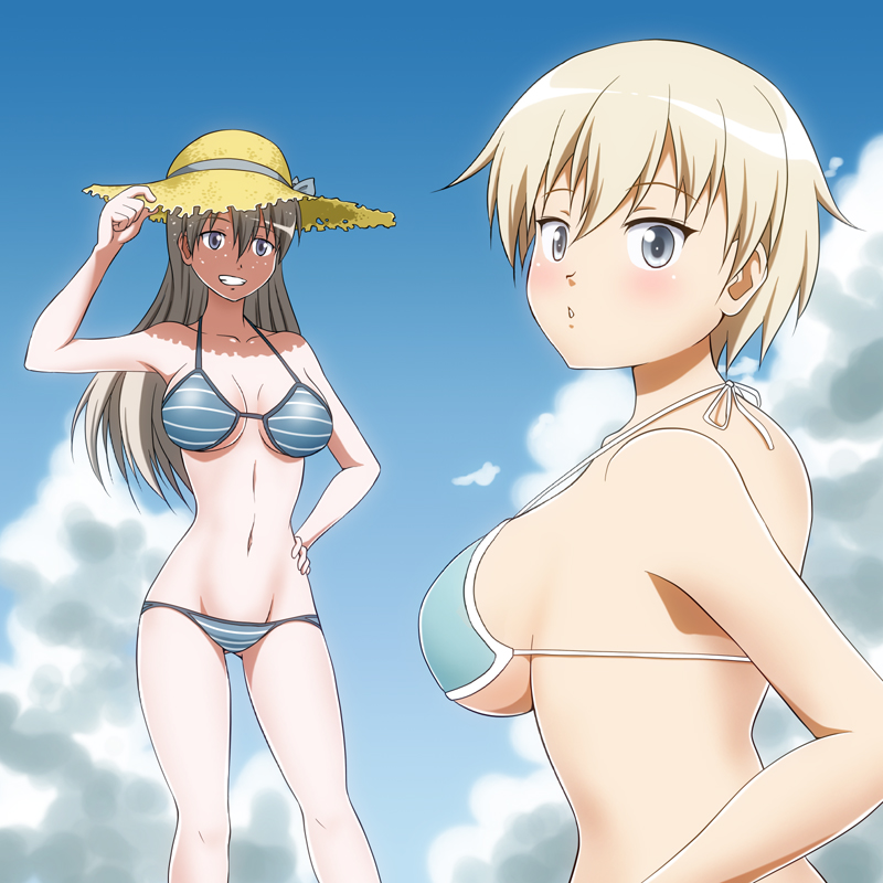 2girls bikini blue_bikini blue_eyes blush brave_witches breasts clouds collarbone eila_ilmatar_juutilainen eyebrows_visible_through_hair grin groin hand_on_headwear hand_on_hip hat hiro_yoshinaka large_breasts long_hair looking_at_viewer looking_back multiple_girls navel nikka_edvardine_katajainen outdoors parted_lips shiny shiny_hair shiny_skin short_hair sky smile straw_hat strike_witches striped striped_bikini swimsuit swimwear teeth white_hair world_witches_series