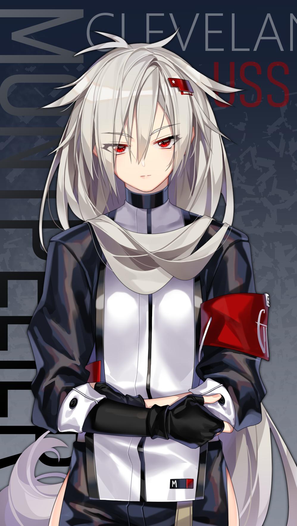 1girl adapted_costume armband azur_lane bangs black_gloves breasts closed_mouth commentary cowboy_shot deathalice english_commentary english_text expressionless eyebrows_visible_through_hair eyes_visible_through_hair fingerless_gloves gloves grey_hair hair_between_eyes hair_over_one_eye highres long_hair long_sleeves looking_at_viewer messy_hair montpelier_(azur_lane) narrowed_eyes red_eyes small_breasts solo standing very_long_hair
