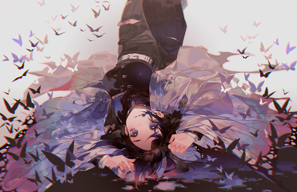 1girl belt black_hair breasts bug butterfly butterfly_hair_ornament buttons cowboy_shot cuts death empty_eyes gradient_hair grey_background hair_ornament hands_up haori injury insect japanese_clothes kawacy kimetsu_no_yaiba knee_up kochou_shinobu long_sleeves looking_at_viewer lying medium_breasts multicolored_hair on_back pants parted_lips pleated_pants poison purple_hair smeared_blood solo spoilers tears torn_clothes torn_pants uniform upside-down violet_eyes